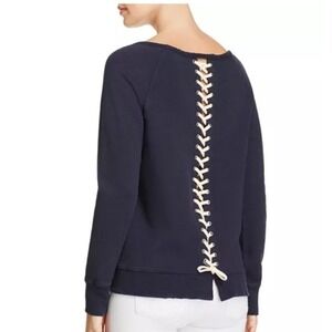 Pam & Gelaโ Lace Up Back Distressed Sweatshirt Navy Blue Pullover Top MEDIUM